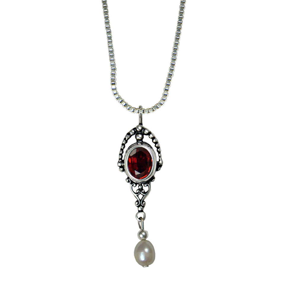 Sterling Silver Victorian Inspired Necklace with Garnet And Fresh Water Perl